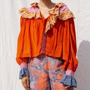 Nikki Chasin Sonnet Blouse Top Size S Tomato Multi Designer Artsy $242 Flawed